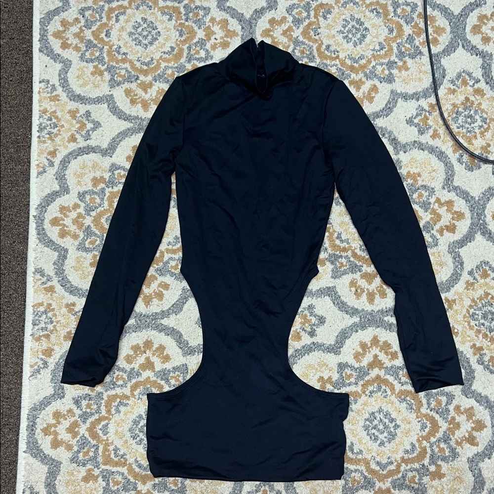 Prix black mock neck long sleeve mini dress with waist cutout